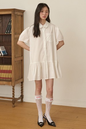 Round-Collar Puff sleeve Mini Shirts Dress_White
