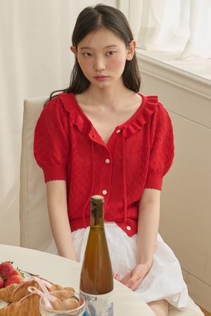 Ruffle Collar Cropped Knit Cardigan_Red