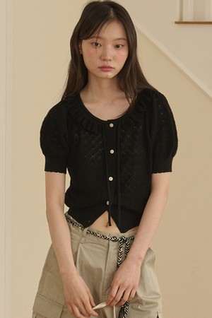 Ruffle Collar Cropped Knit Cardigan_Black