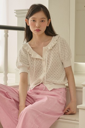 Ruffle Collar Cropped Knit Cardigan_White