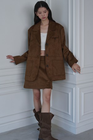 SET_Suede Overfit 3-button Jacket+Pocket Mini Skirt_Camel