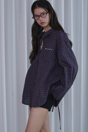 Ribbon Detailed Over-fit Cotton Shirt_Check Blue