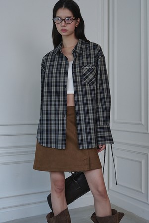 Ribbon Detailed Over-fit Cotton Shirt_Check Black