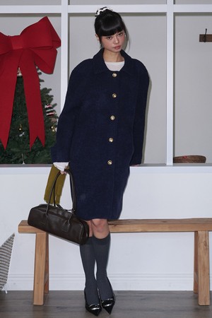 Boucle Raglan Single Wool Long Coat_Navy