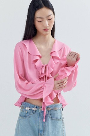 [리퍼브] Ruffle Feminine Chiffon Blouse_Pink