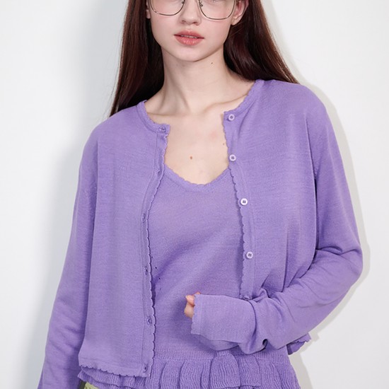 Linen Frill Sleeveless Cardigan Set Lavender