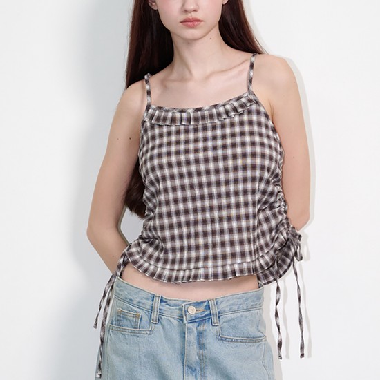 Check Side String Sleeveless Top Brown