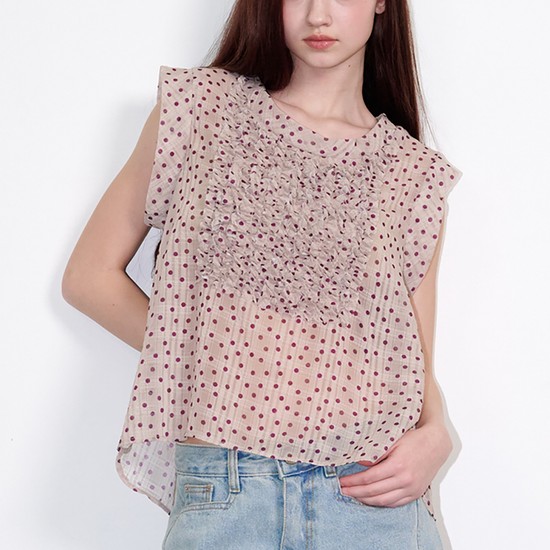 Dot Frill Chiffon Blouse Beige