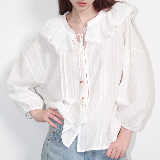 Ruffle Collar Bohemian Cotton Blouse White