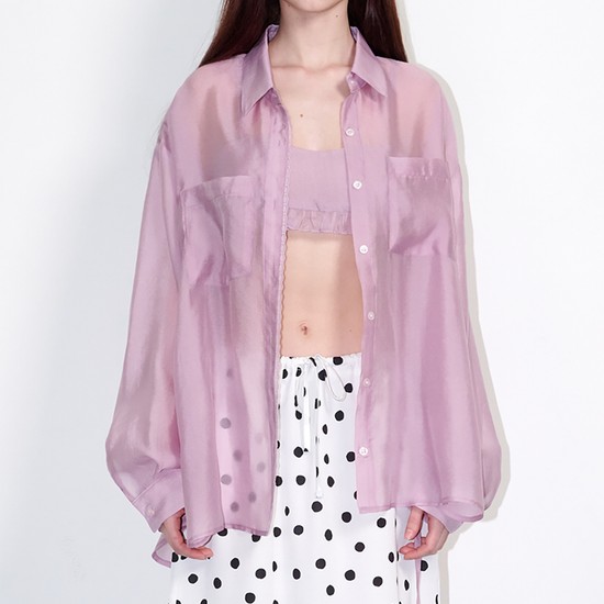 See-through lace silky shirt Pink