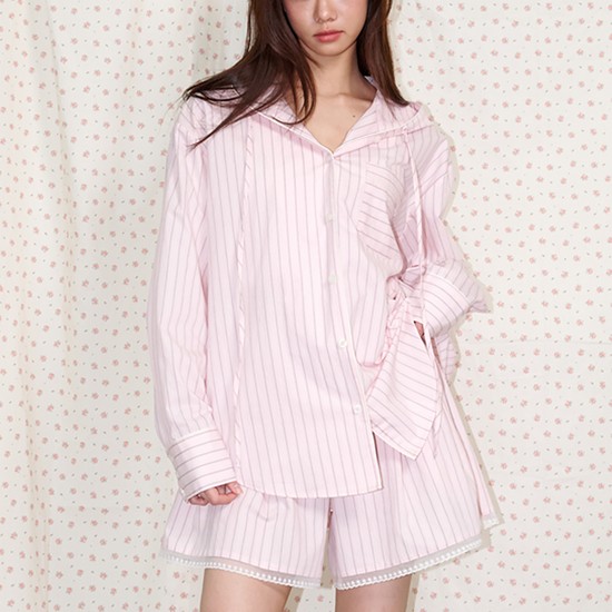 Hooded Striped Pajama Shirt Pink