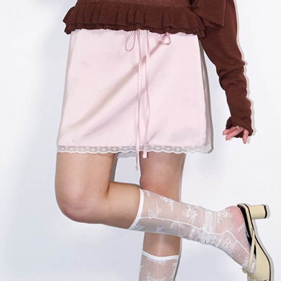 String Belt Satin Mini Skirt Lace Pink