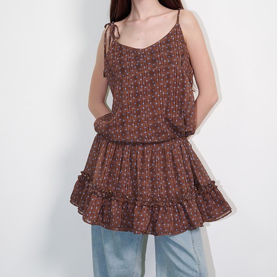 Frill shirring dot mini dress Brown