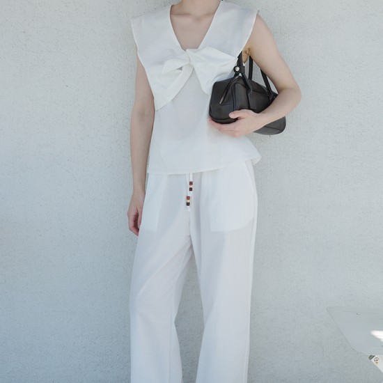 Punching Lace Cotton Banding Wide Pants White