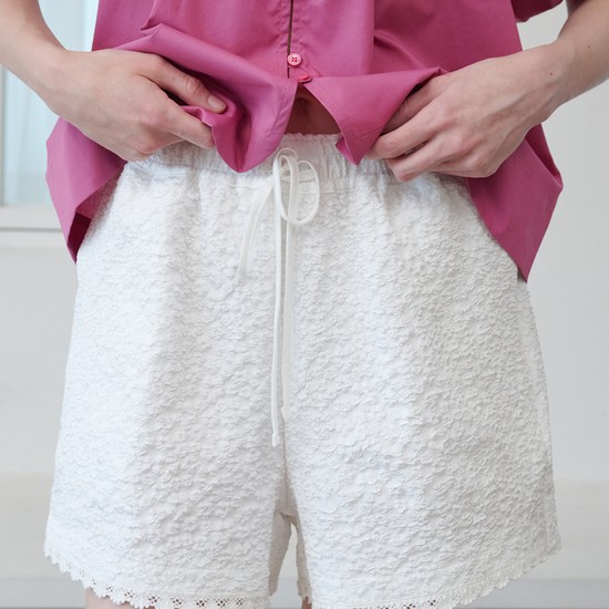 Floral Embossed Lace Detail Banding Shorts White
