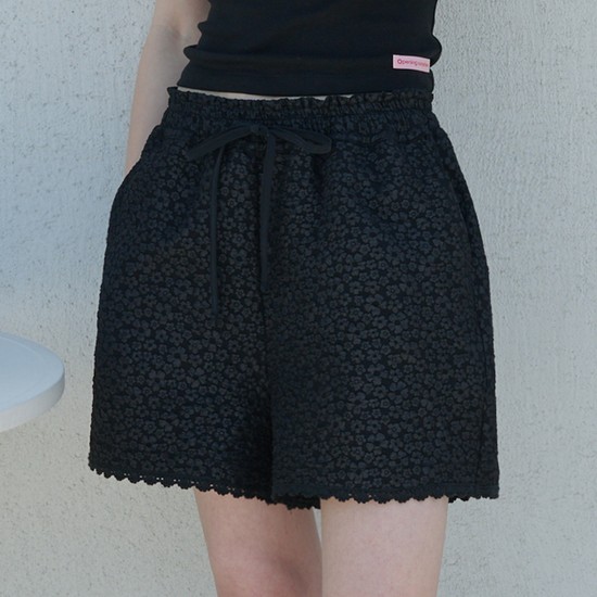 Floral Embossed Lace Detail Banding Shorts Black