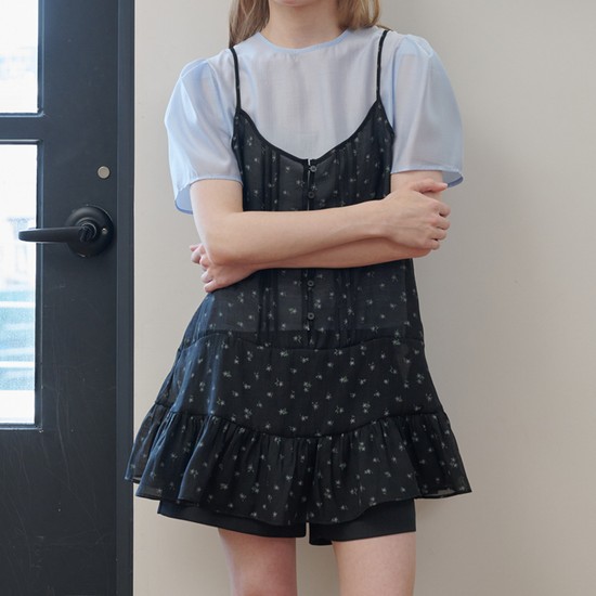 Pintuck Sleeveless Chiffon Mini Dress Flower Black
