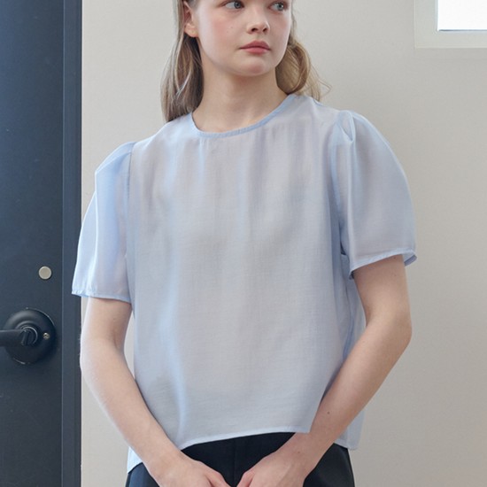 Puff Sleeve Basic Short-sleeved Blouse_Sky Blue