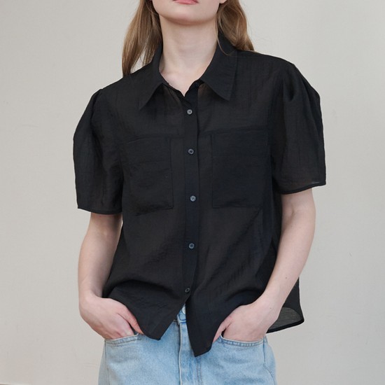 Organza Puff Sleeve Pocket Blouse_Black