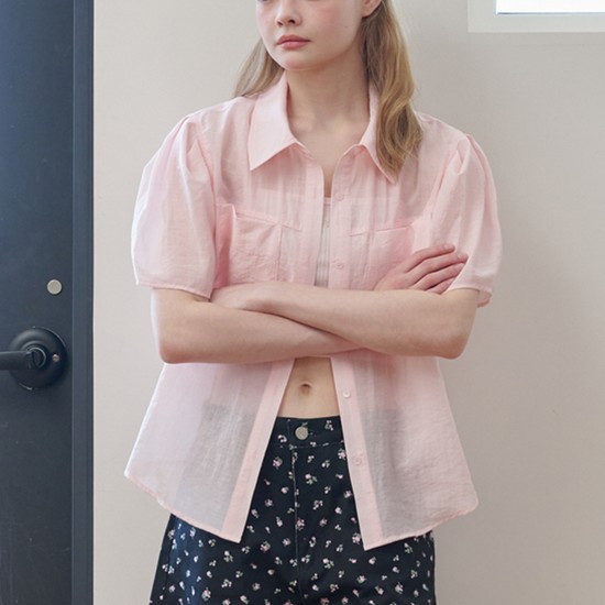 Organza Puff Sleeve Pocket Blouse_Light Pink