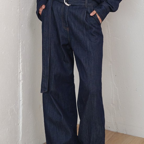 Pin-tuck Belted Wide Denim Pants Dark Indigo