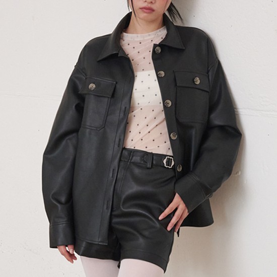 Belted Button-Point Leather Shirt Black