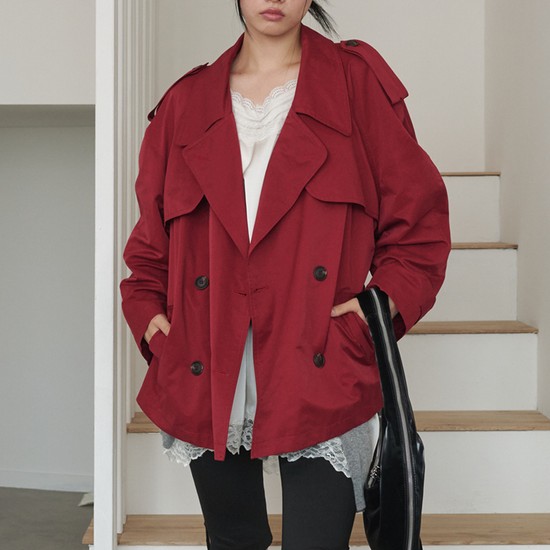Classic Flap Belted Short Trench Jacket Red