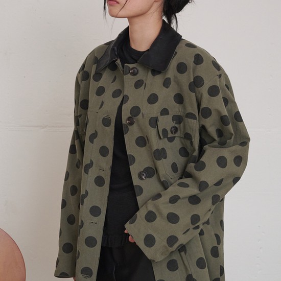 Leather Collar Cotton Work Jacket Dot Khaki