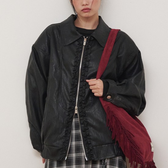 Soft Leather Frill Bomber Jacket Black