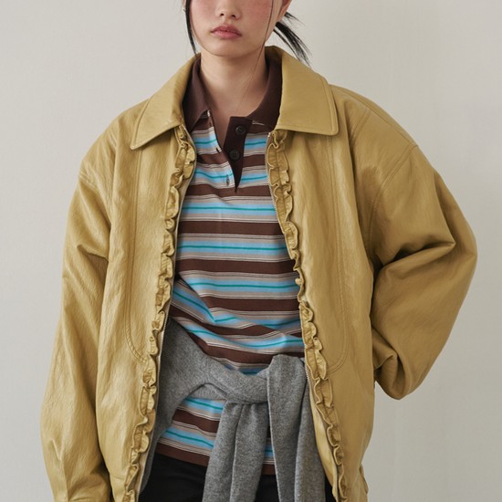 Soft Leather Frill Bomber Jacket Mustard