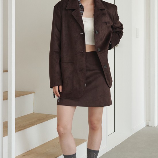 SET_Suede Overfit 3-button Jacket+Pocket Mini Skirt_Dark Brown