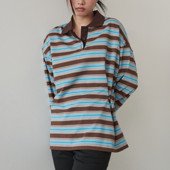 Button-Detail Striped Rugby Long-Sleeve T-Shirt Brown