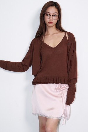 Linen Frill Sleeveless Cardigan Set Brown