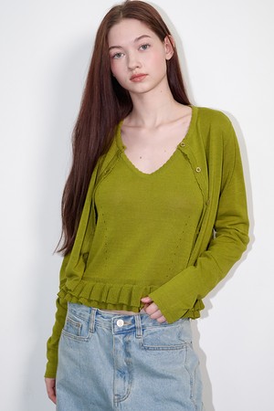 Linen Frill Sleeveless Cardigan Set Olive