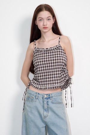 Check Side String Sleeveless Top Brown