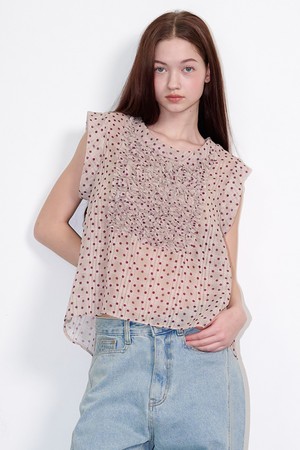 Dot Frill Chiffon Blouse Beige