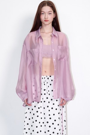 See-through lace silky shirt Pink