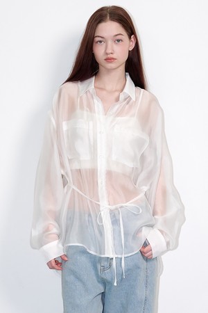 See-through lace silky shirt White