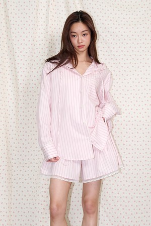 Hooded Striped Pajama Shirt Pink