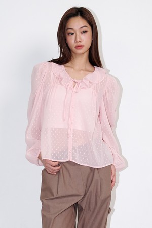 Ruffled See-through Dot Blouse Pink