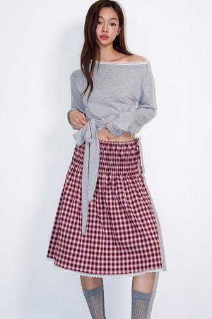 Checked smoke lace pleated skirt Wine