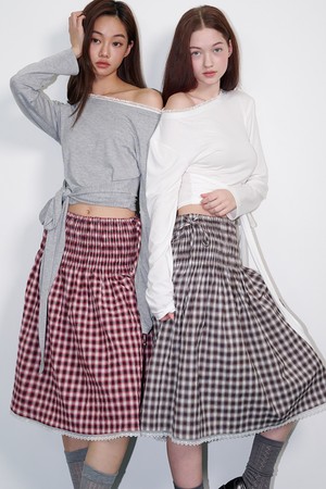 Checked smoke lace pleated skirt Brown