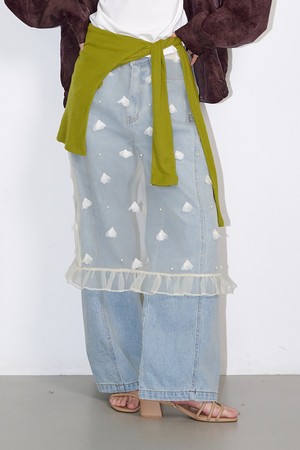 Beaded Flower Layered Frill Skirt Cream