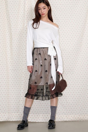 Beaded Flower Layered Frill Skirt Black