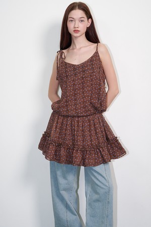 Frill shirring dot mini dress Brown