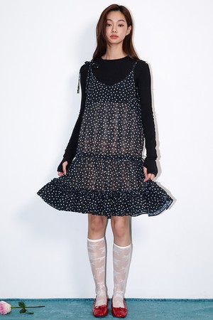 Frill shirring dot mini dress Black