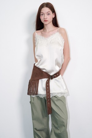 Ribbon-shoulder satin lace mini dress Cream