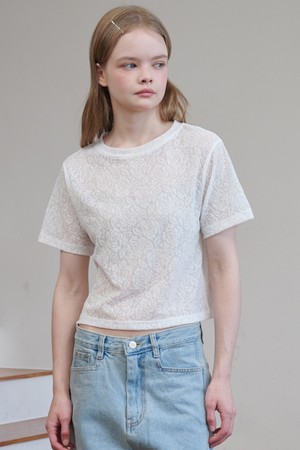Rose Jacquard Lace Short Sleeve Crop T-Shirt White