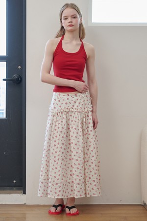 Yoke Frill Flower Maxi Skirt Cream