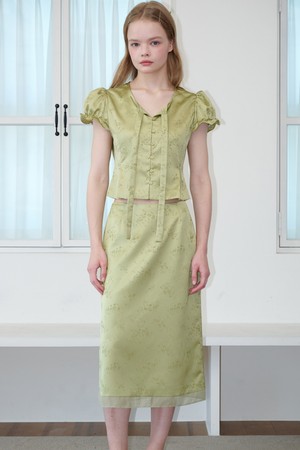 Organza Point Jacquard Satin Midi Skirt Flower Olive